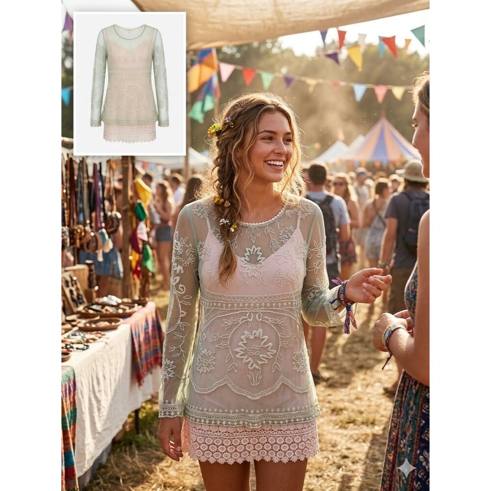 Indigo Thread Co Boho XS Olive Green Lace Overlay Tunic Dress Fairy Festival NWT